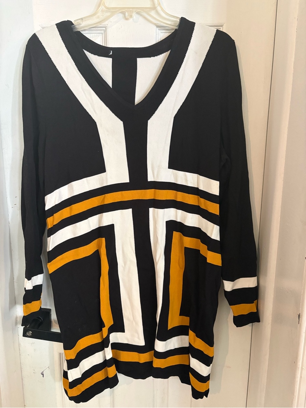 INC International Concepts Black, White & Mustard Geometric V-Neck Tunic